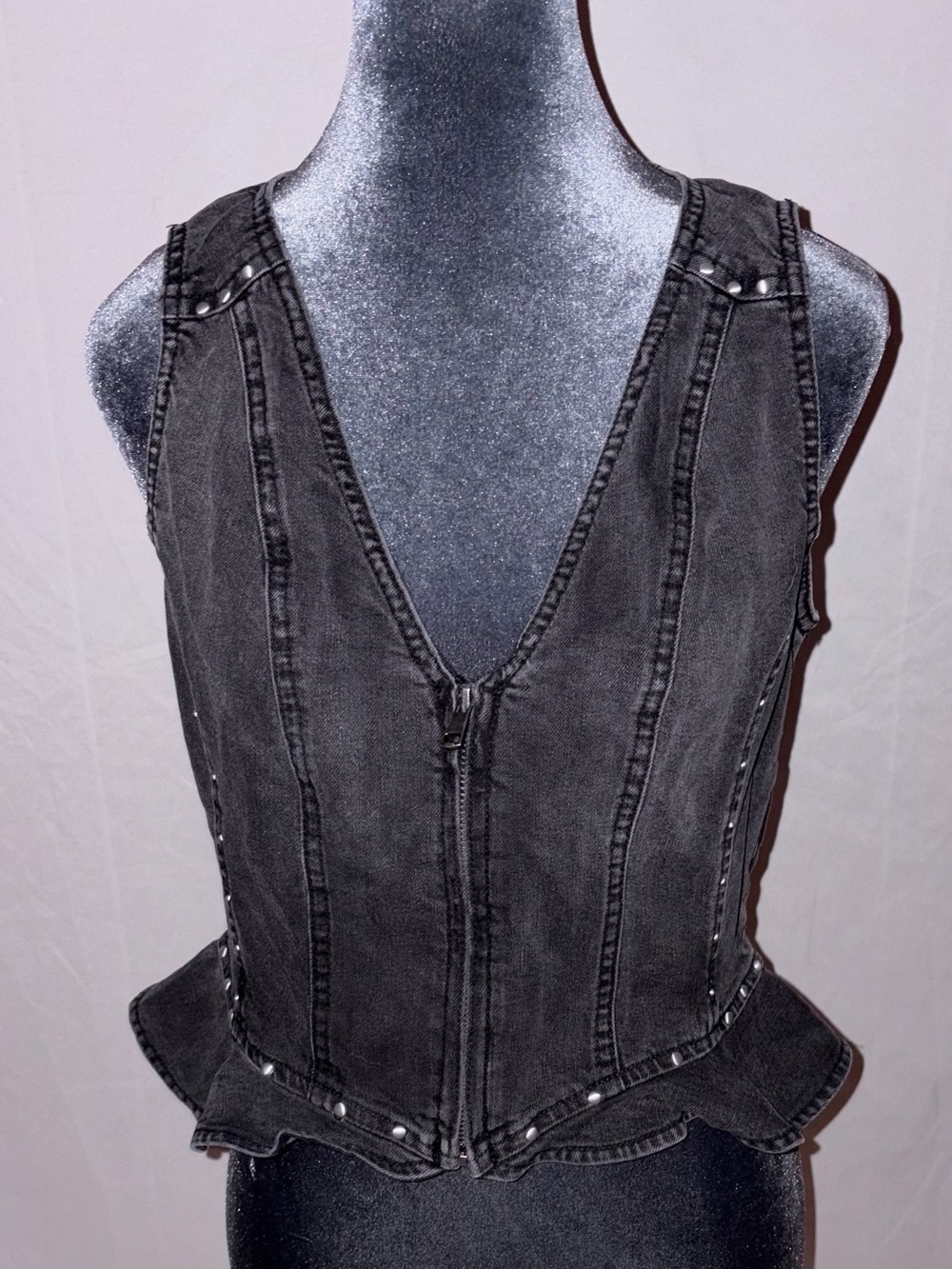 Black Denim Zip Up Vest